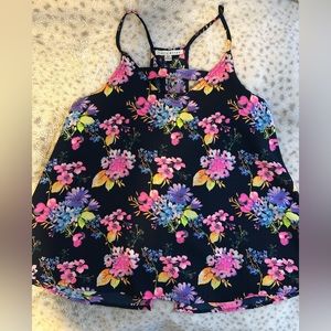 Navy Tank Top w/ Bright, Neon Flowers